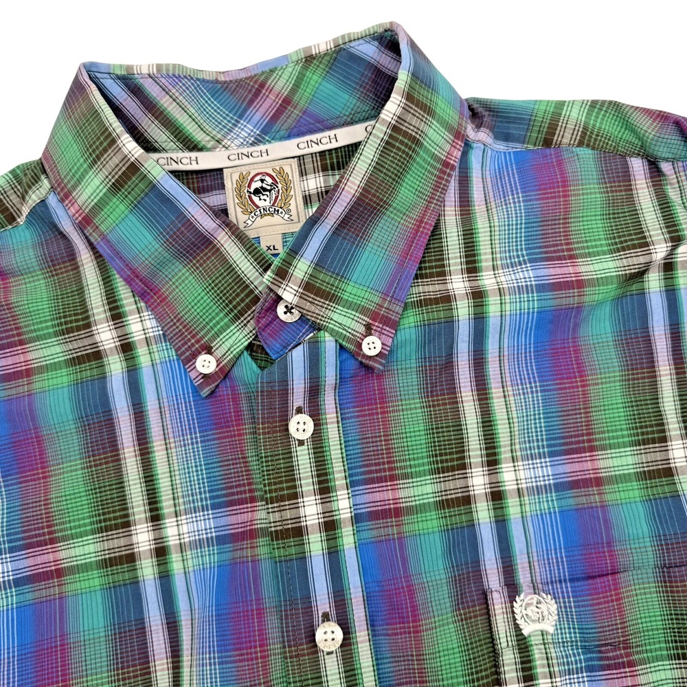 Cinch Button Down Shirt Mens XL Blue Green Plaid Western Long Sleeve Cotton‎